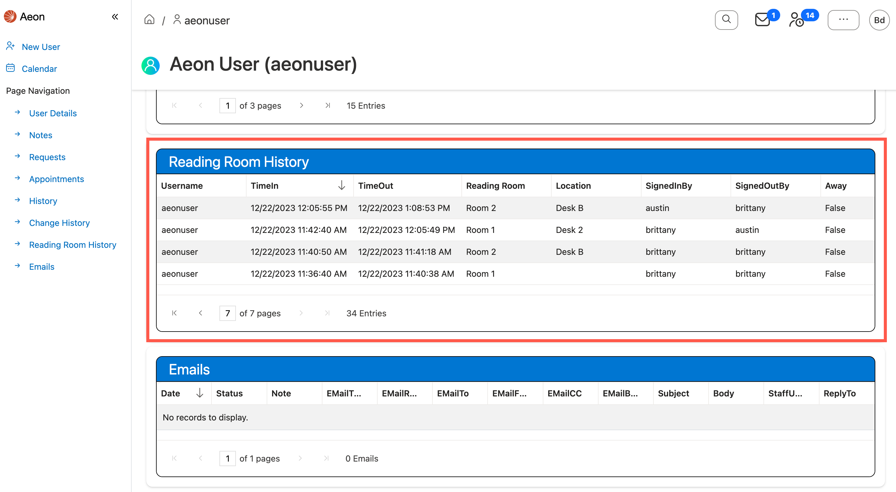 Reading Room History table on user profile page